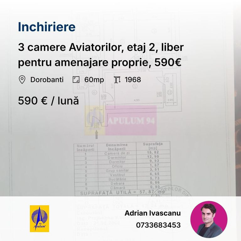 3 camere Aviatorilor, etaj 2, liber pentru amenajare prop...