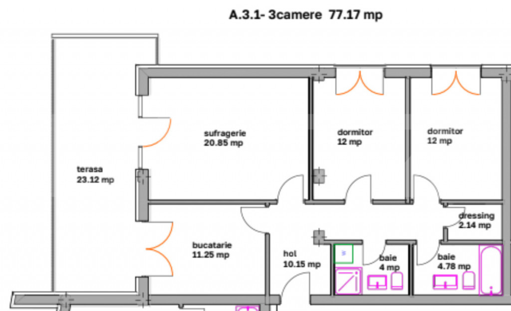 Apartamente spațioase cu 3 camere, balcon și dressing –