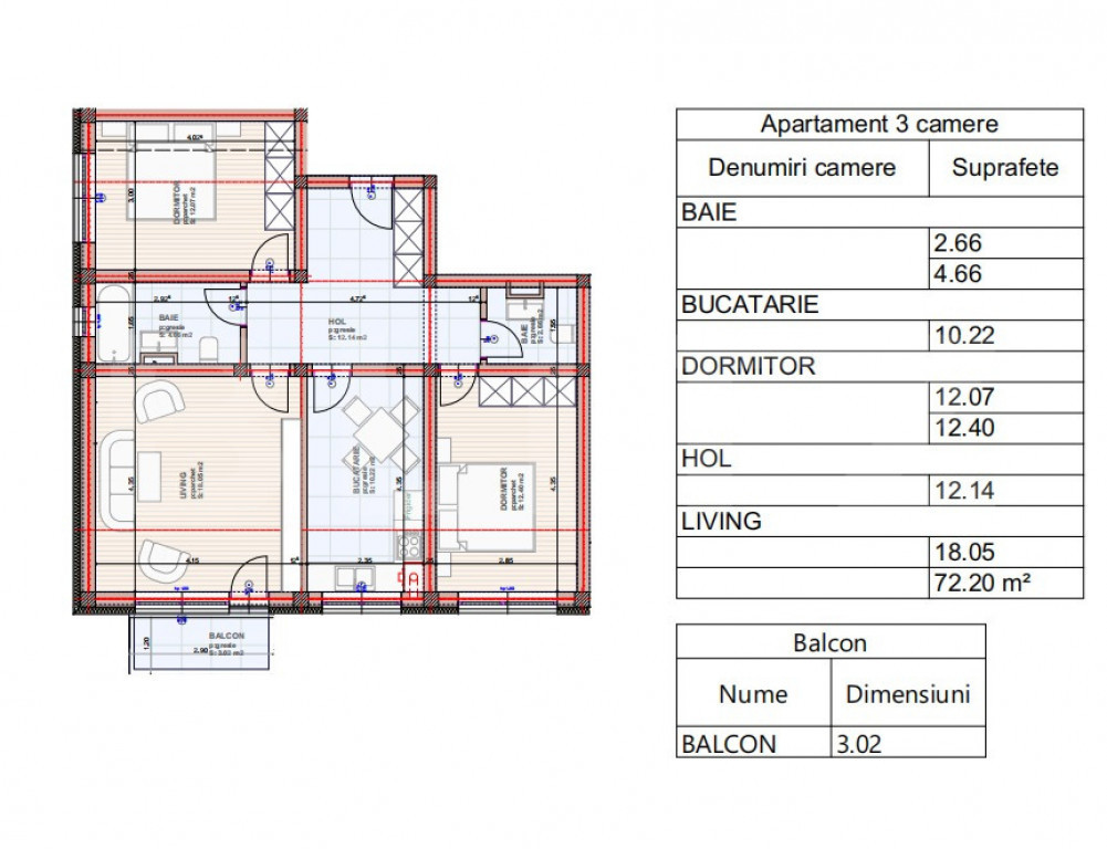 Apartament Sanpetru 3 camere, 2 bai , 72 mp + 3 mp terasa