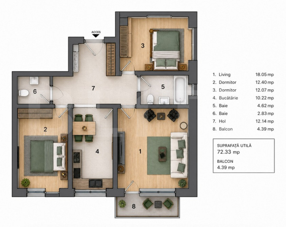 Apartament 3 camere, 2 bai , 72 mp + 4 mp terasa