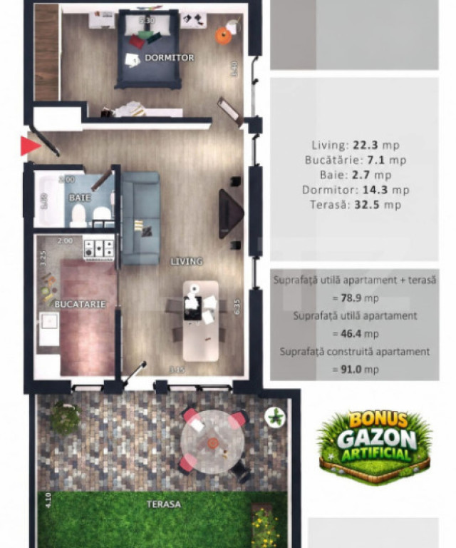 Apartament 2 camere, decomandat, CF, terasa, parcare subtera