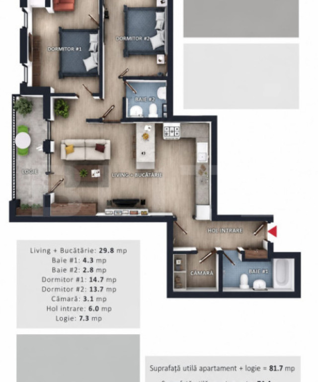 Apartament 3 camere, 2 bai, 2 balcoane, CF parcare subterana