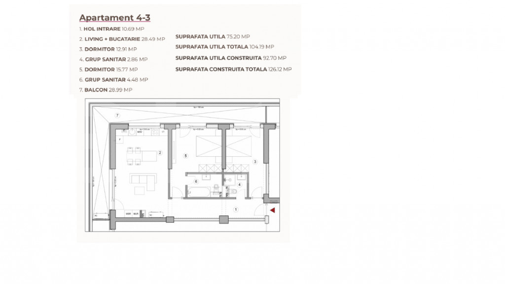 Apartament open space 3 camere 104.12 mp în ansamblu cu 0%