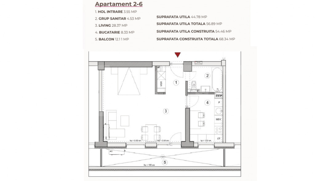 Studio, 56.89 mp, ansamblu cu 0% Comision la Achiziție, zon