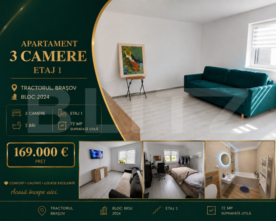 Apartament de 3 camere | Tractorul | Etaj 1 | Parcare inclus