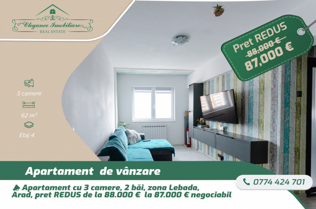 Apartament cu 3 camere , zona Lebăda Arad