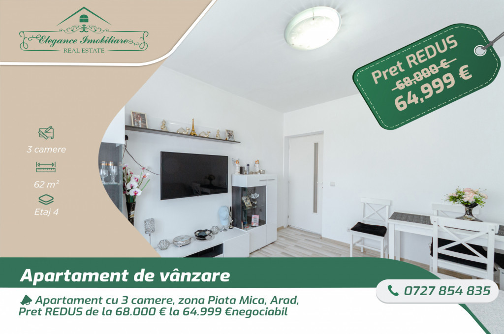 Apartament cu 3 camere, zona Piata Mica, Arad