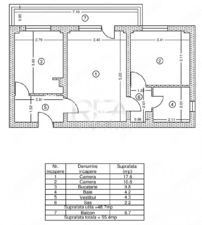 2 camere, 5/10, anvelopat, bloc 1980, 55,4 mp-Lujerului