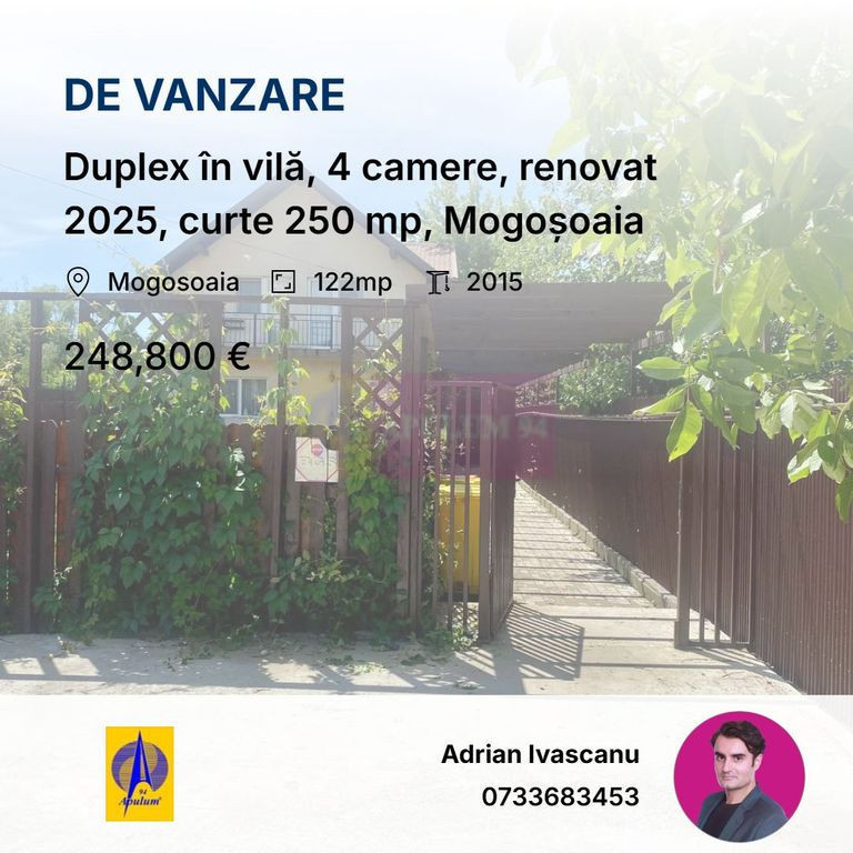 Duplex în vilă, 4 camere, renovat 2025, curte 250 mp, M...