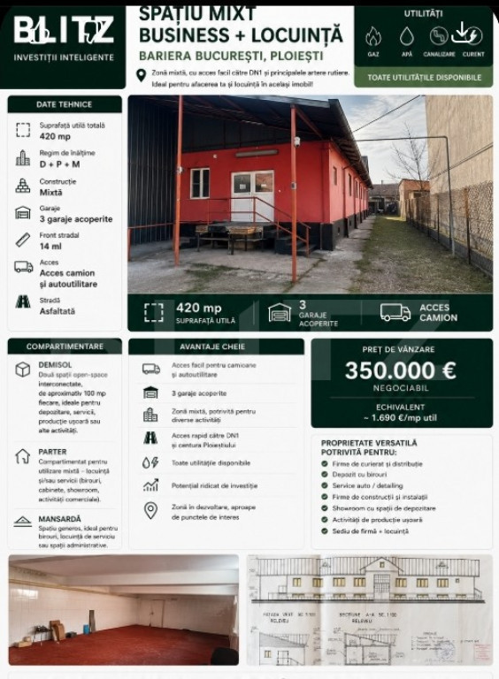 Spațiu mixt business + locuință | 420 mp utili | D+P+M |