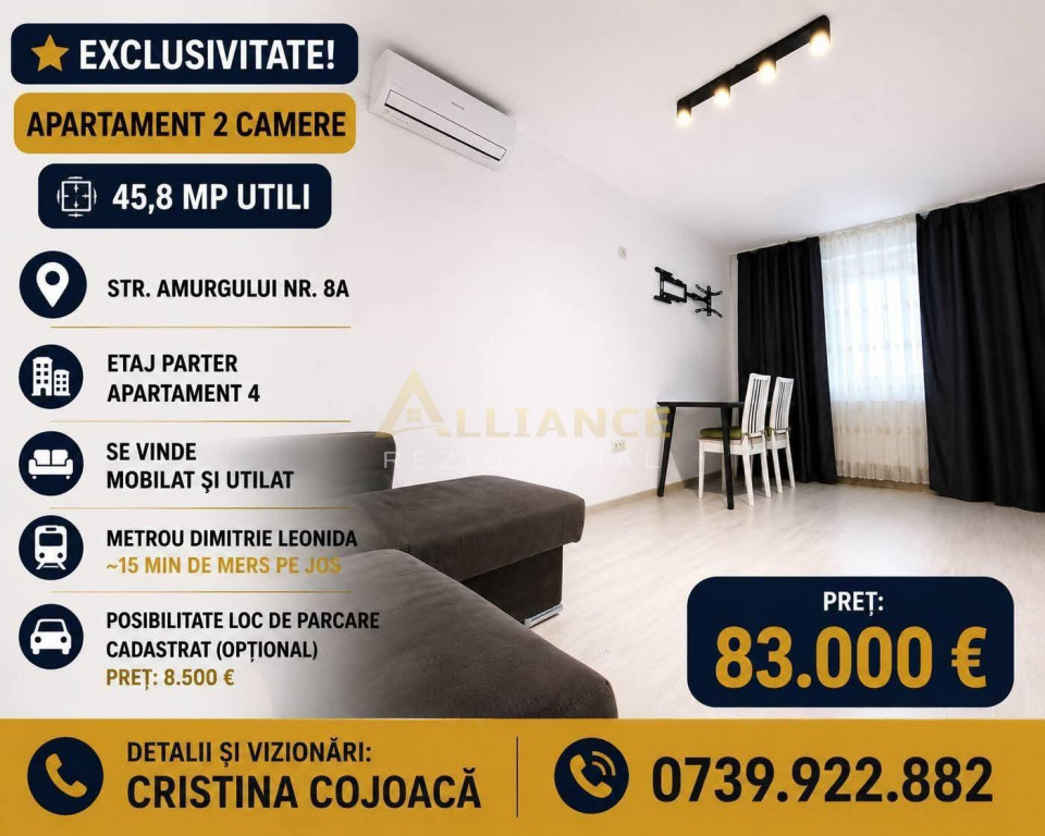 EXCLUSIVITATE | Apartament 2 camere | 45,8 mp | Str. Amurgul