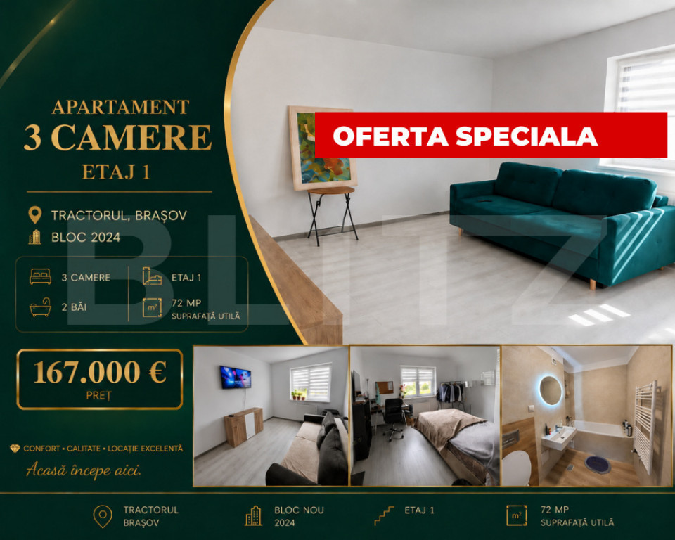 Apartament de 3 camere | Tractorul | Etaj 1 | Parcare inclus