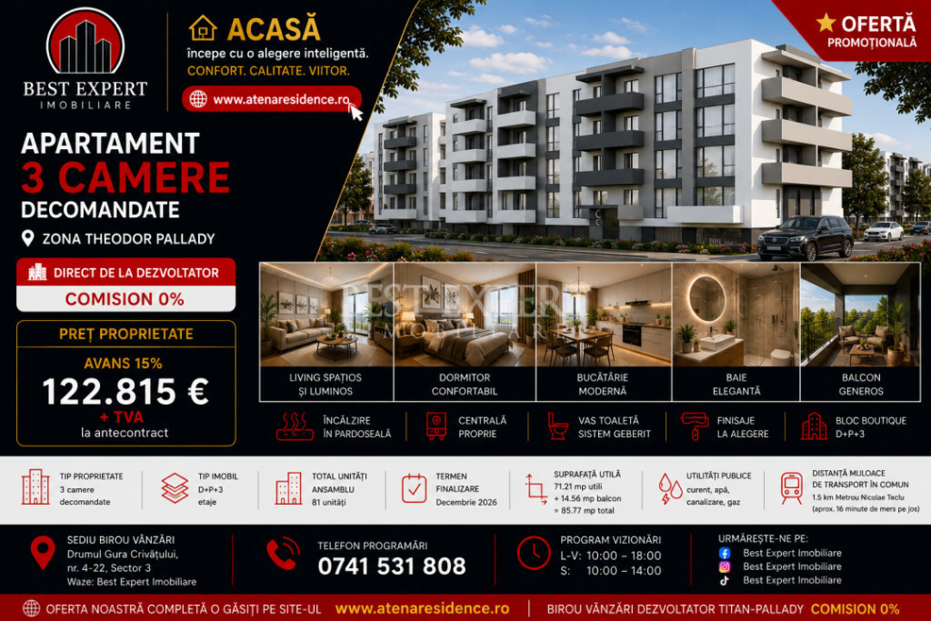 3 Camere Direct Dezvoltator| Bonus Parcare descoperita | Cre