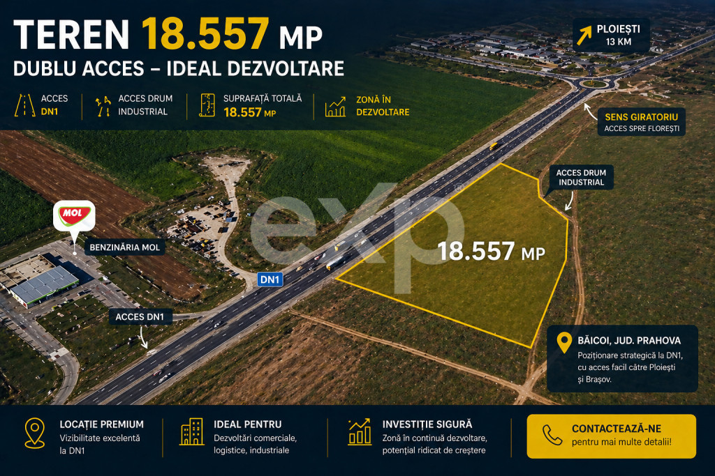 Teren DN1 Băicoi 18.557 mp – dublu acces, ideal dezvoltar