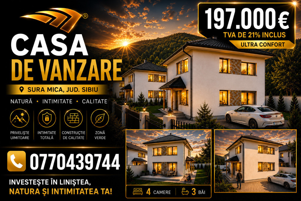 Casă Nouă 2026 în Șura Mică 4 Camere120 mp Utili + Pod 50mp PROPRIETAR