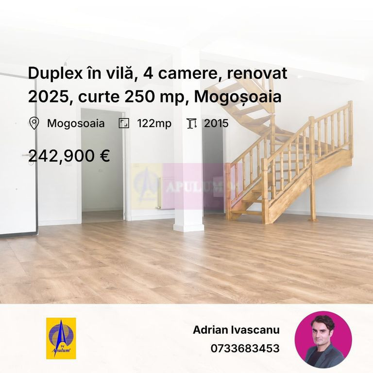 Duplex în vilă, 4 camere, renovat 2025, curte 250 mp, M...