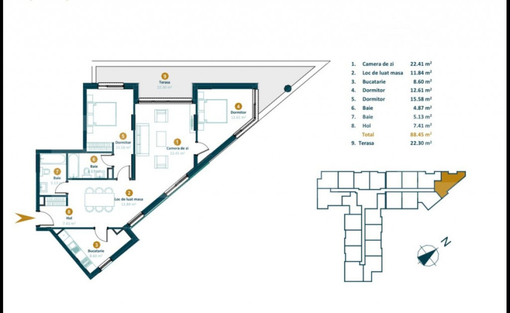 Apartament 3 camere, 88,2 mp, bloc nou cu CF, terasa 28,5 mp