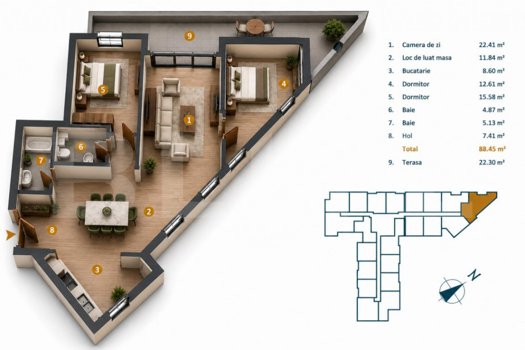 Apartament 3 camere, 88,2 mp, bloc nou cu CF, terasa 28,90 m