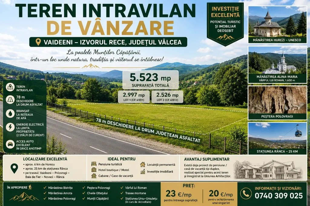 VÂND TEREN INTRAVILAN – 5.523 mp – VAIDEENI (IZVORUL RECE), VÂLCEA