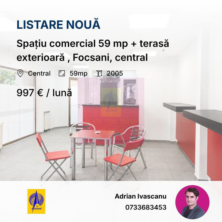 Spațiu comercial 59 mp + terasă exterioară , Focsani, ...