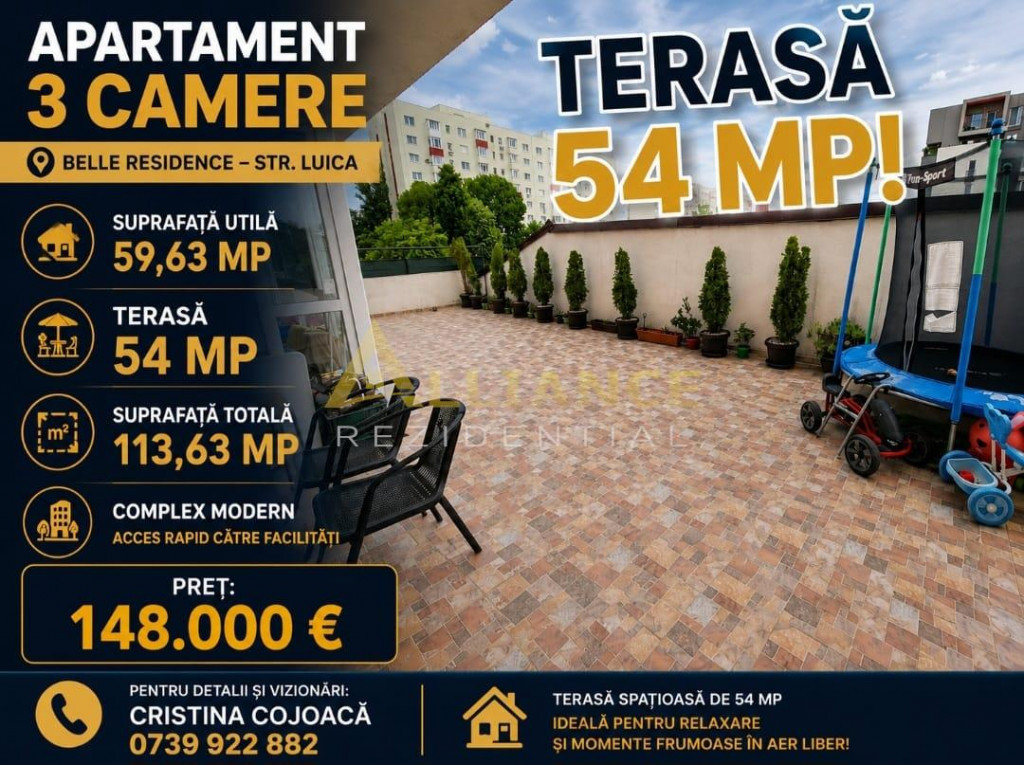 Brancoveanu | Apartament 3 camere Terasa 54 mp | Mobilat s