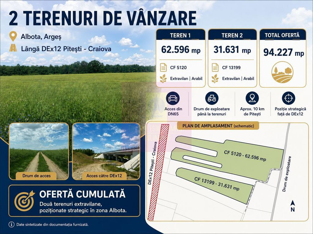 9,4 ha teren lângă DEx12 Pitești | 2,85 €/mp | lotur...