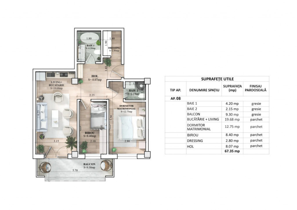 Apartament 3 camere, 67.35 mp, zona Galata