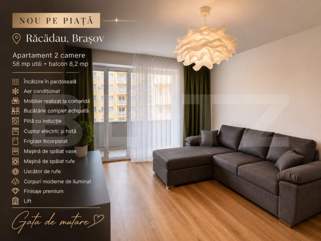 Apartament 2 camere, balcon 8,2 mp, parcare, Racadau