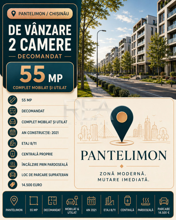 2 camere Pantelimon/Chișinău decomandat, centrală, an 202