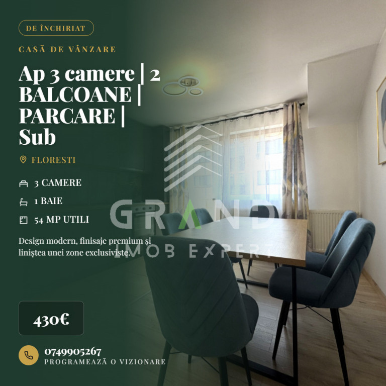 Ap 3 camere | 2 BALCOANE | PARCARE | Sub Cetate/Parc Poligon