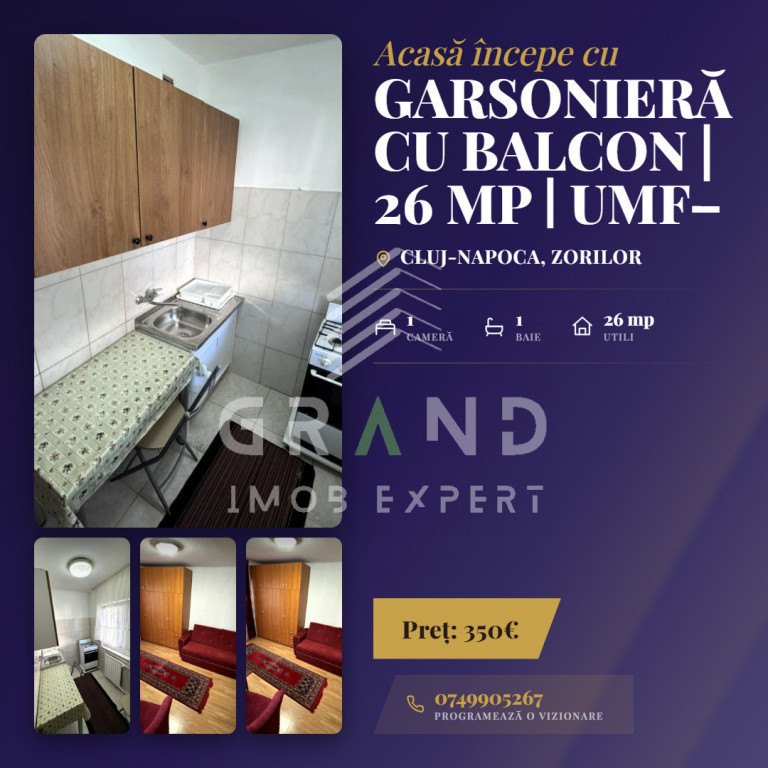 Garsonieră cu BALCON | 26 mp | UMF–Zorilor/P-ța Zorilor