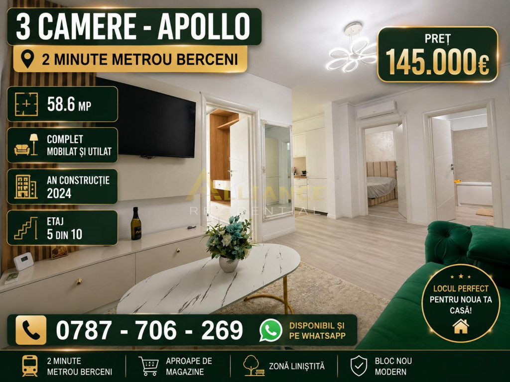 3 CAMERE - APOLLO - 2 MINUTE METROU BERCENI - 145.000€