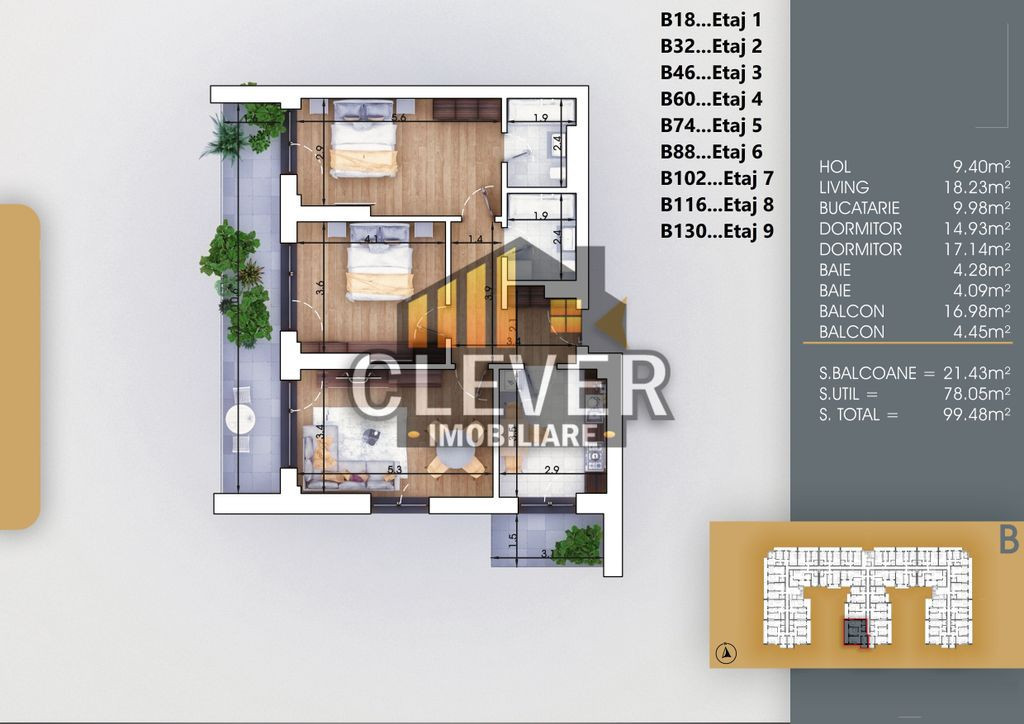3 Camere | 99,5 mp | 2 Balcoane 21,4 mp | Pallady | Comis...