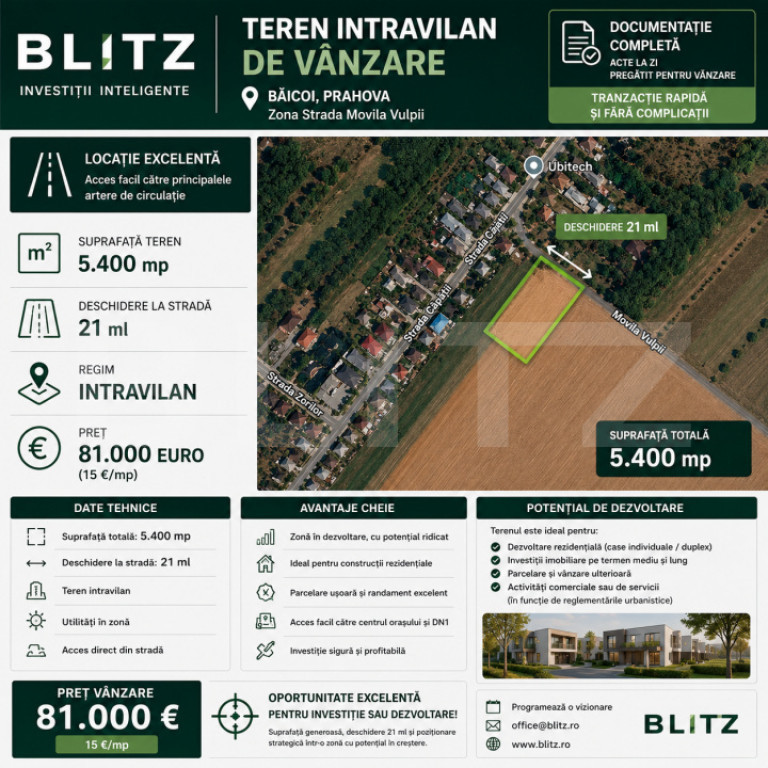 Teren intravilan 5400 mp, deschidere 22 ml, in Baicoi