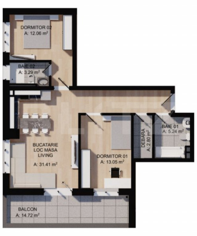 Apartament 3 camere, 68mp, 2bai, terasa 15mp, parcare, zona