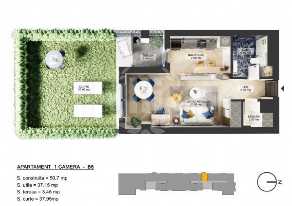 Apartament 1 camera zona de Nord - 43.09 mp utili si curte