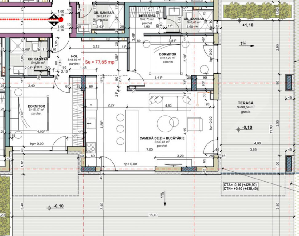 Apartament 3 camere, etajul 1, 2 bai, 2 balcoane, Terra Oasu