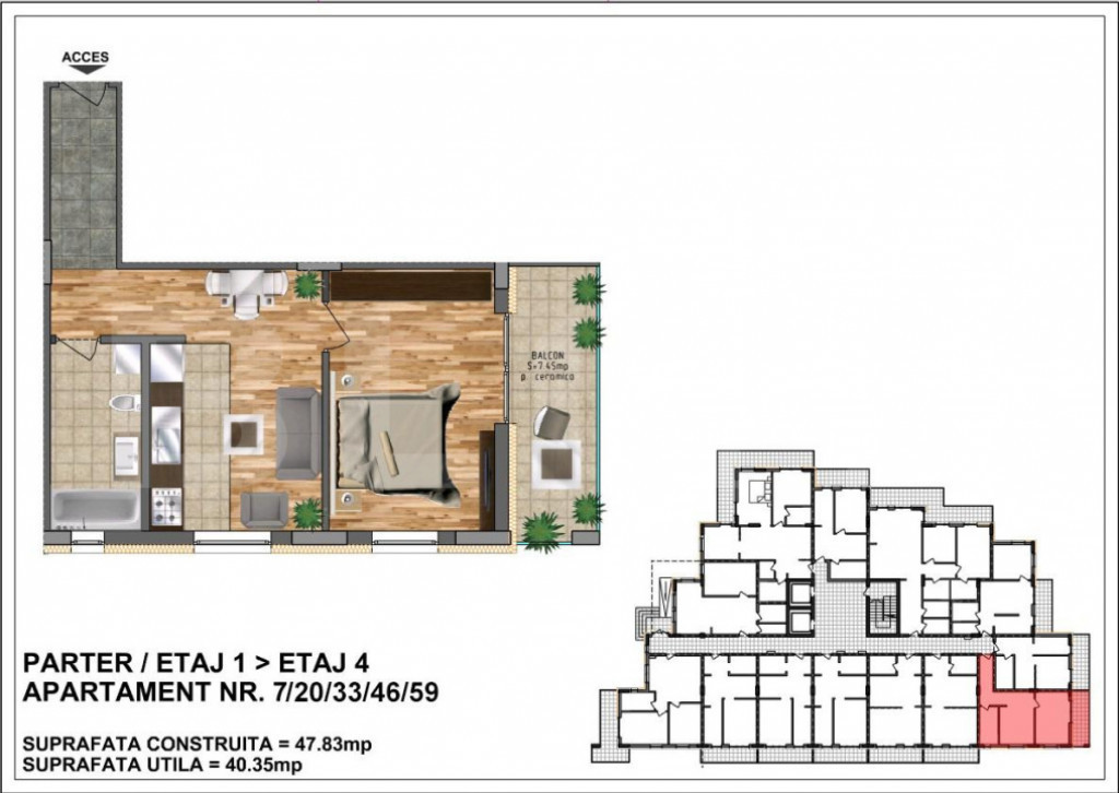 Apartament de vânzare 40,35 + terasa 7,45 – bloc nou, zon