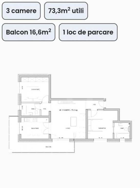 Apartament 3 camere,73 mp utili, balcon 16,60 mp, zona Esso