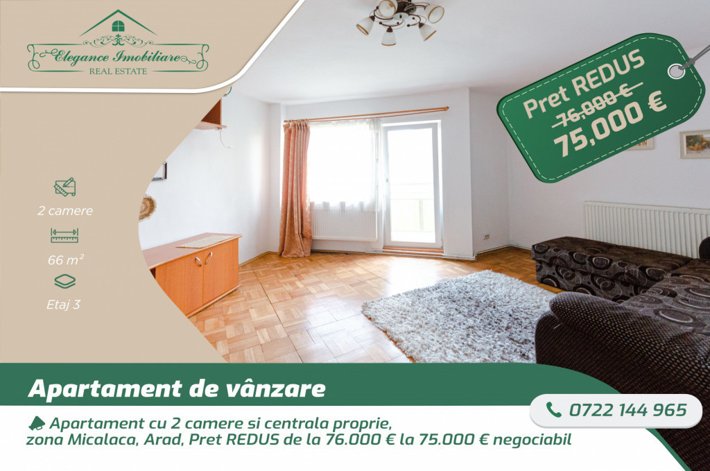 Apartament cu 2 camere și centrală proprie, zona Micalaca,