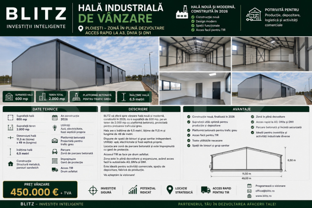 Hala moderna 600 mp,platforma betonata 2000 mp cu acces faci