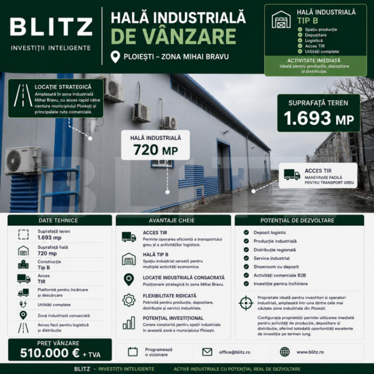 Hala moderna, pod rulant, 720 mp, platforma betonata 1700mp