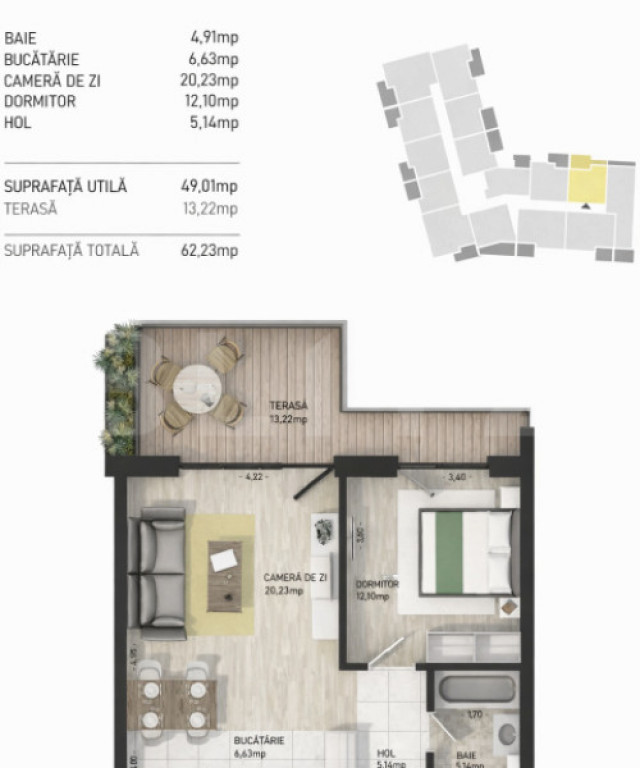 Apartament cu 2 camere, 49 mp, terasa 13 mp, zona Semicentra