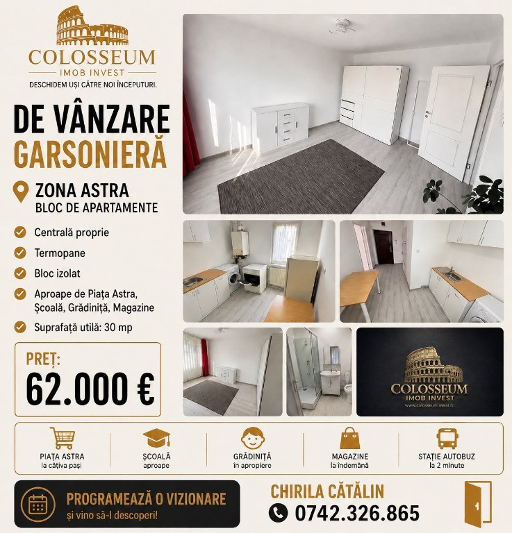 Garsonieră bloc de apartamente – Astra - Soarelui,centrala,termopane