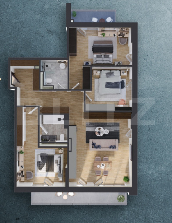 Apartament 4 camere, 100 mp, 2 balcoane 18 mp, proiect nou n