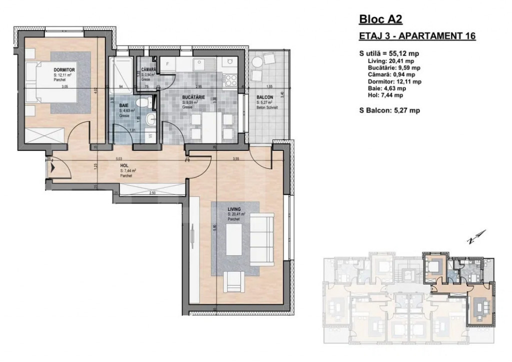 Apartament de vanzare, 2 camere, 55,12 mp - Gherla