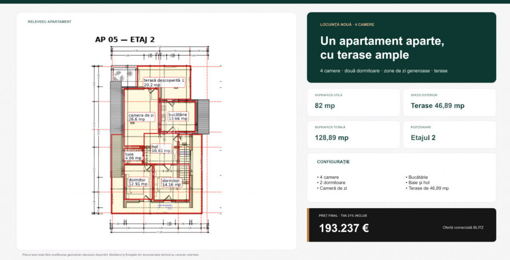 Apartament cu 4 camere și terase ample, 128.89 mp total