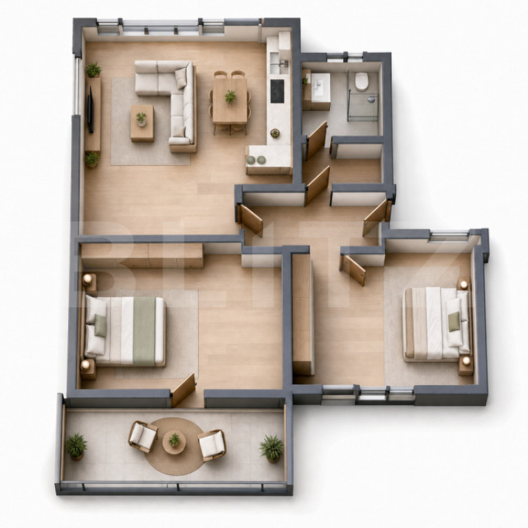 Apartament cu 3 camere și balcon de 8 mp, etajul 1