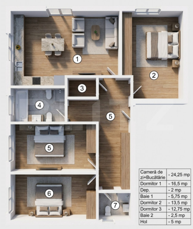 Apartament generos cu 4 camere și două băi, 90,75 mp