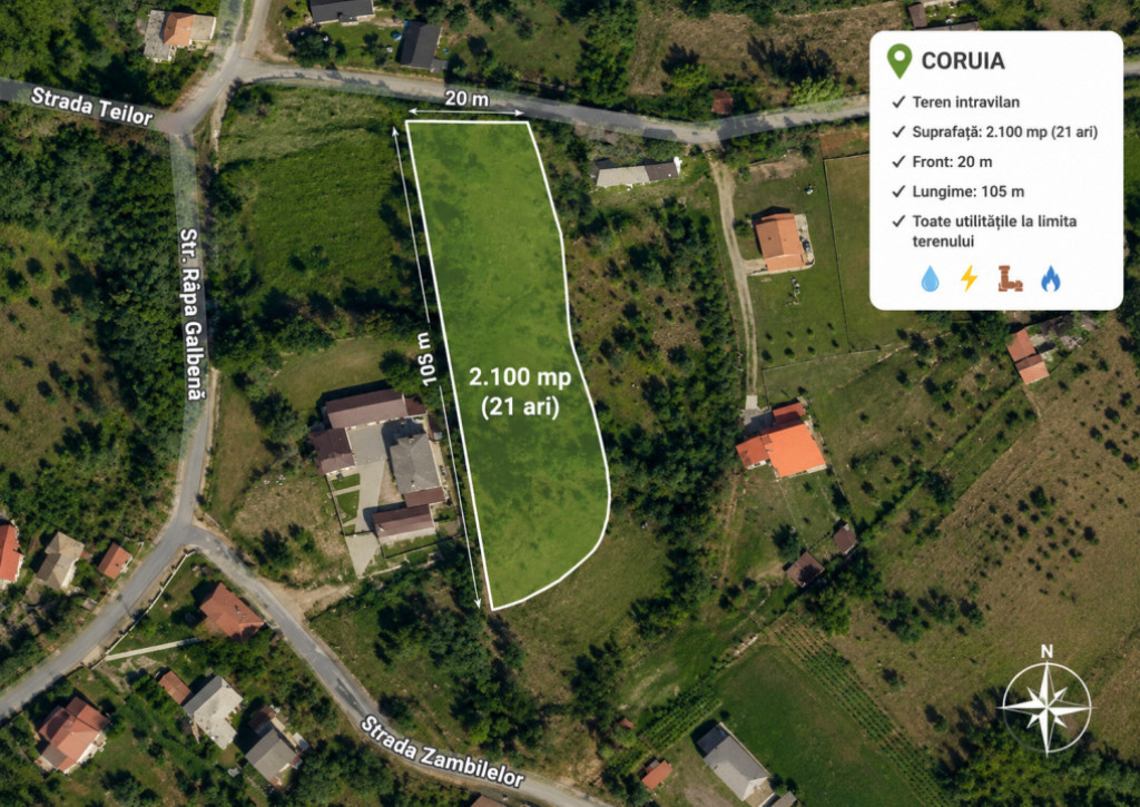 Teren intravilan 2087 mp – utilități complete, zona Coru